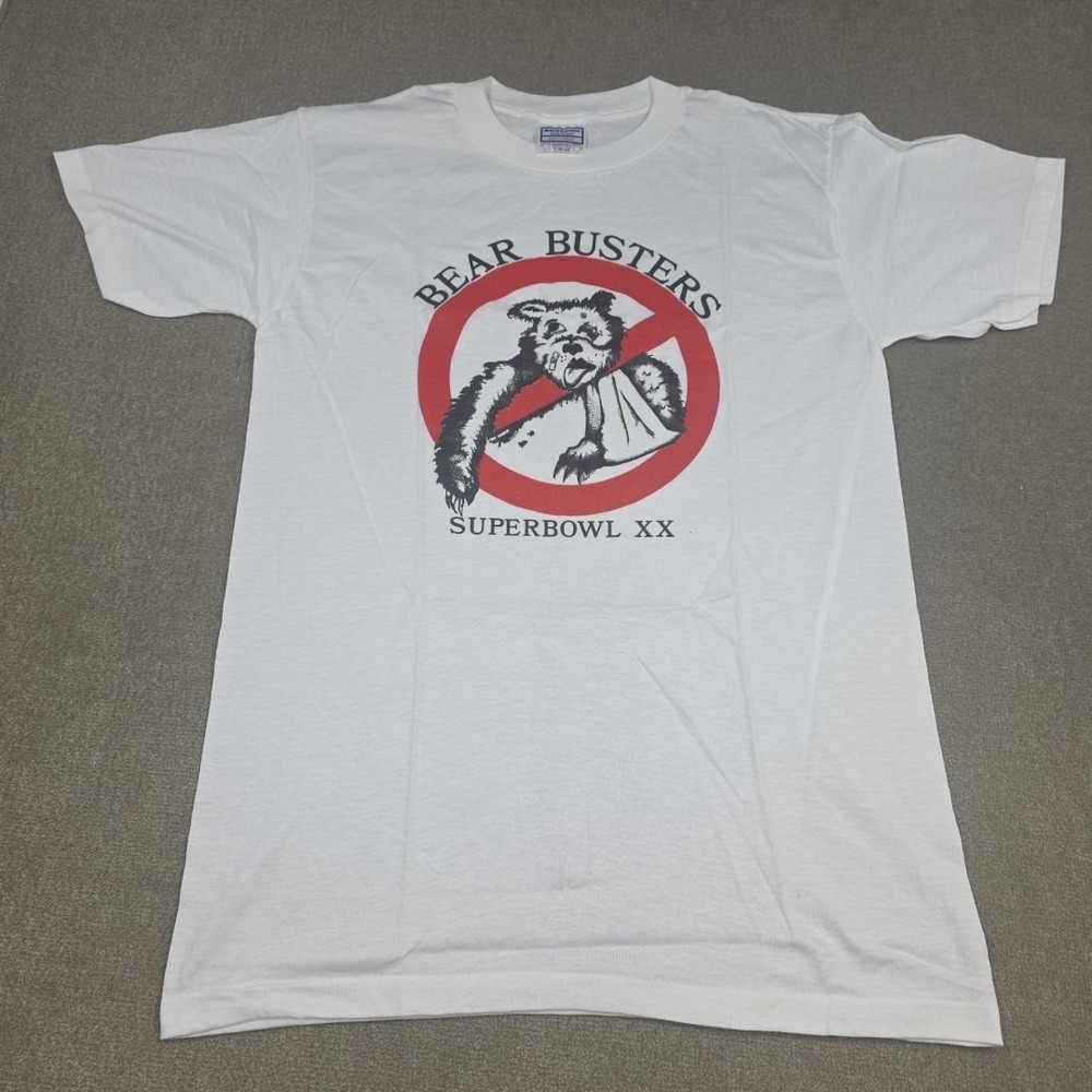 Vtg 1986 Bear L Buster New England Patriots Super Bowl XX T Shirt Single Stitch